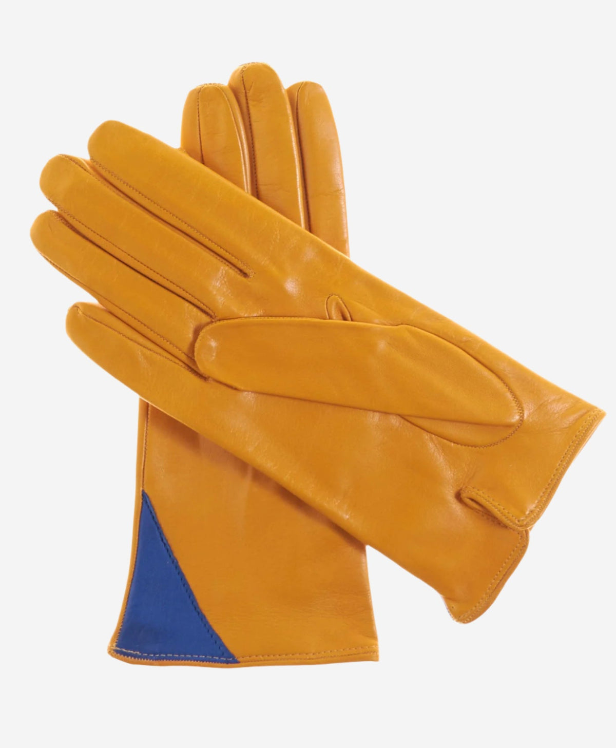 CS4414 (yellow/blue) - Women's Italian Color Blocking Silk Lined Leather Gloves - Glamourous Grace