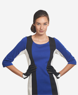 CS4414 (black/white) - Women's Italian Color Blocking Silk Lined Leather Gloves - Glamourous Grace