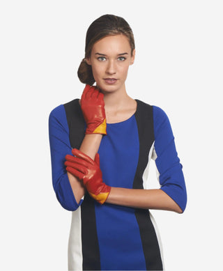 CS4414 (red/yellow) - Women's Italian Color Blocking Silk Lined Leather Gloves - Glamourous Grace
