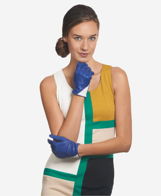 CS4414 (blue/cream) - Women's Italian Color Blocking Silk Lined Leather Gloves - Glamourous Grace