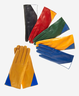 CS4414 (red/yellow) - Women's Italian Color Blocking Silk Lined Leather Gloves - Glamourous Grace