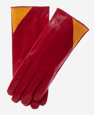 CS4414 (red/yellow) - Women's Italian Color Blocking Silk Lined Leather Gloves - Glamourous Grace