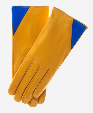 CS4414 (yellow/blue) - Women's Italian Color Blocking Silk Lined Leather Gloves - Glamourous Grace