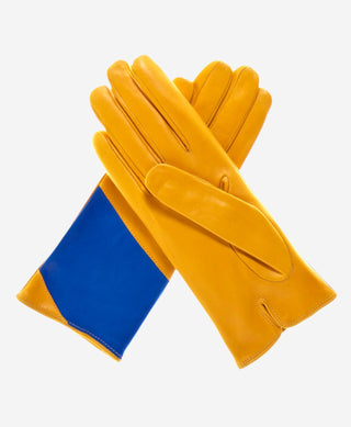 CS4416 (yellow/blue) - Women's Italian Color Block Silk Lined Leather Gloves - Glamourous Grace