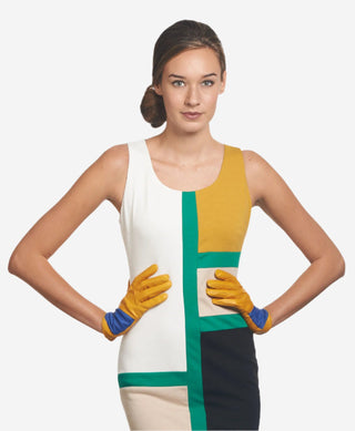 CS4416 (yellow/blue) - Women's Italian Color Block Silk Lined Leather Gloves - Glamourous Grace