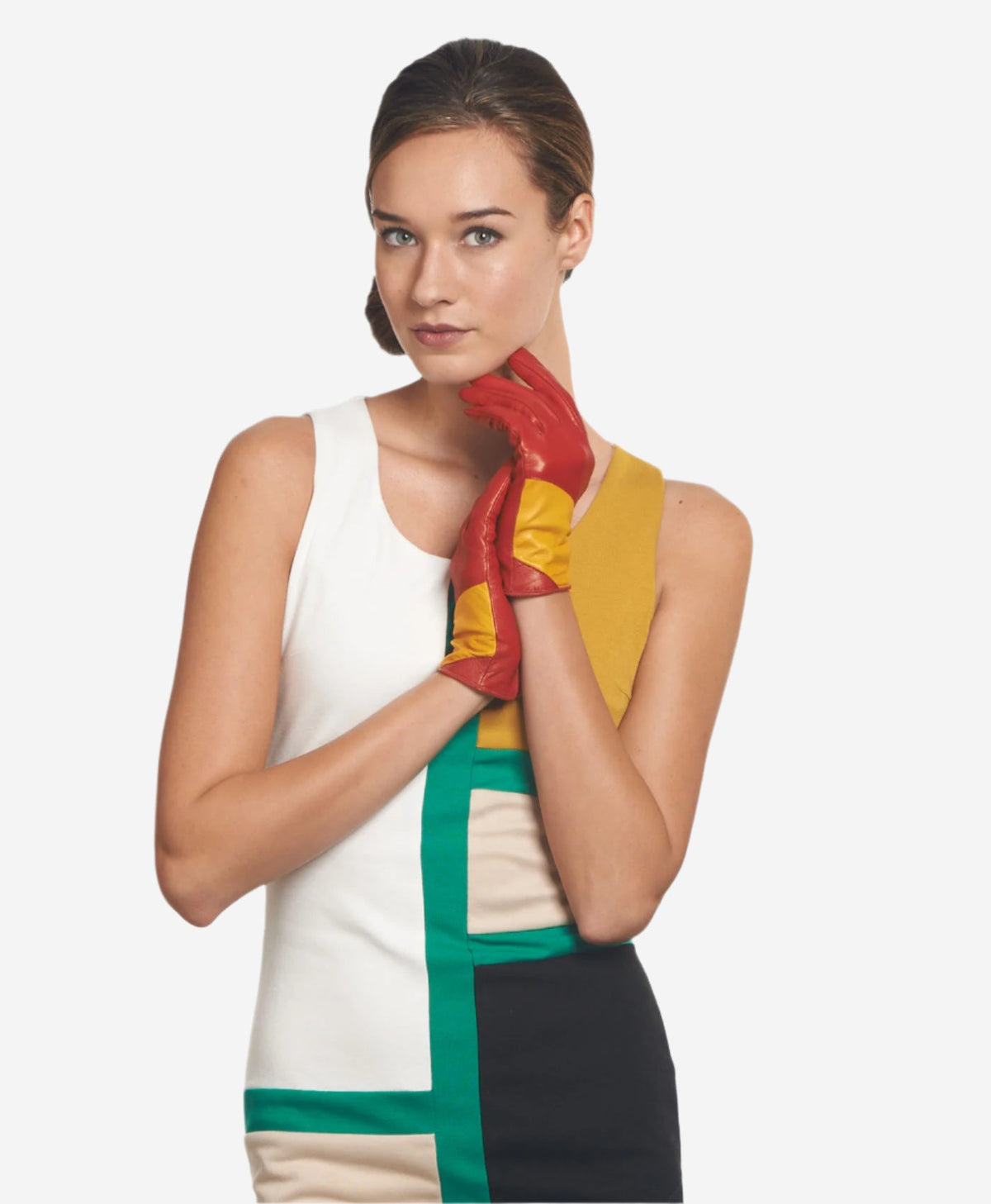 CS4416 (red/yellow) - Women's Italian Color Block Silk Lined Leather Gloves - Glamourous Grace