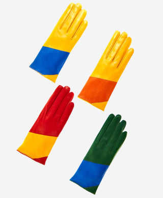 CS4416 (red/yellow) - Women's Italian Color Block Silk Lined Leather Gloves - Glamourous Grace
