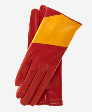 CS4416 (red/yellow) - Women's Italian Color Block Silk Lined Leather Gloves - Glamourous Grace