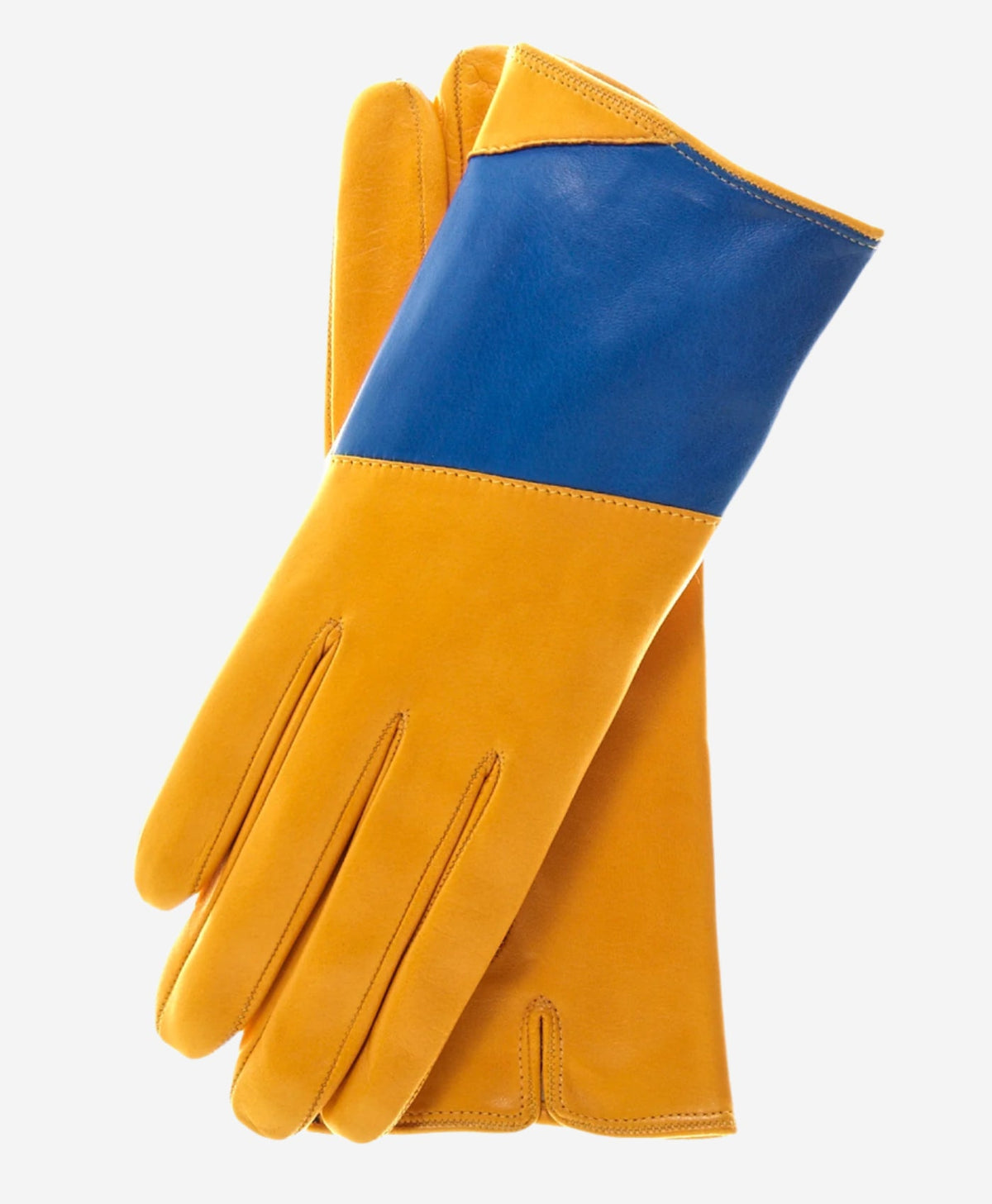 CS4416 (yellow/blue) - Women's Italian Color Block Silk Lined Leather Gloves - Glamourous Grace