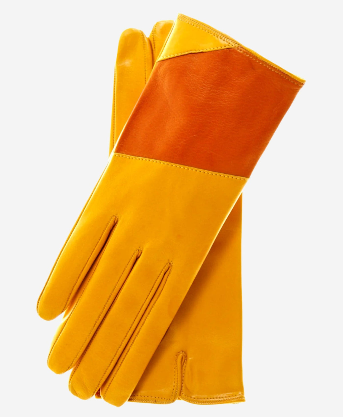 CS4416 (yellow/tang) - Women's Italian Color Block Silk Lined Leather Gloves - Glamourous Grace