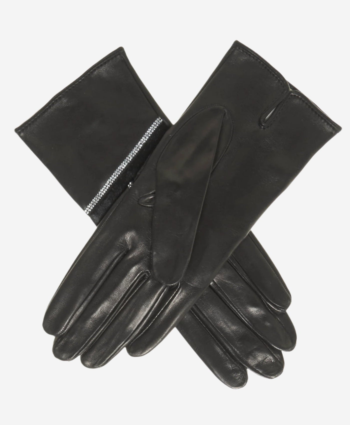 CS4628 (black) - Women's Italian Leather Gloves with Italian Silk lining and Swarovski Crystal Trim - Glamourous Grace