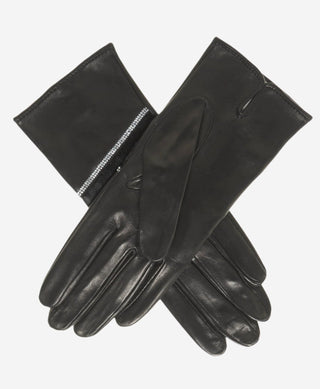 CS4628 (black) - Women's Italian Leather Gloves with Italian Silk lining and Swarovski Crystal Trim - Glamourous Grace