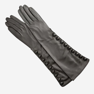 CS4820W8 (black) - Women's Italian silk lined elbow length lambskin leather gloves with buttons - Glamourous Grace
