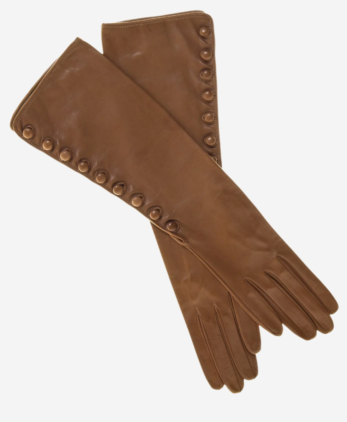 CS4820W8 (camel) - Women’s Italian silk lined elbow length lambskin leather gloves with buttons - Glamourous Grace