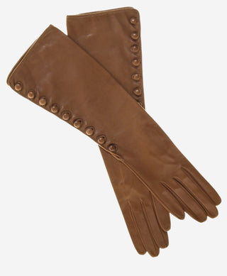 CS4820W8 (camel) - Women’s Italian silk lined elbow length lambskin leather gloves with buttons - Glamourous Grace