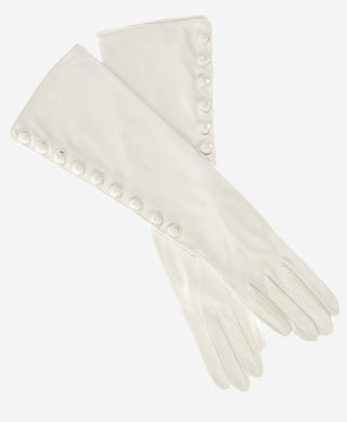 CS4820W8 (white) - Women’s Italian silk lined elbow length lambskin leather gloves with buttons - Glamourous Grace