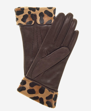 CS4837 (brown) - Women's Italian Silk Lined Lambskin Gloves with Leopard Print Pony Cuff - Glamourous Grace