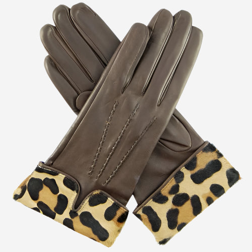 CS4837 (brown) - Women's Italian Silk Lined Lambskin Gloves with Leopard Print Pony Cuff - Glamourous Grace