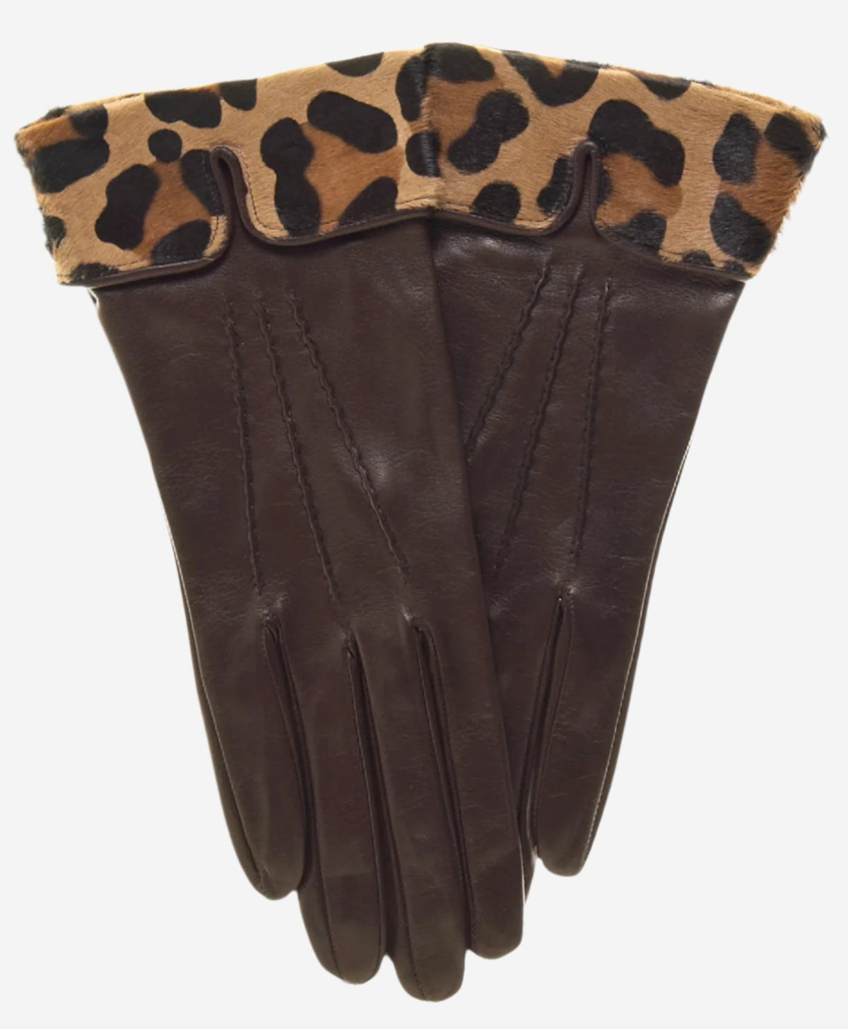 CS4837 (brown) - Women's Italian Silk Lined Lambskin Gloves with Leopard Print Pony Cuff - Glamourous Grace