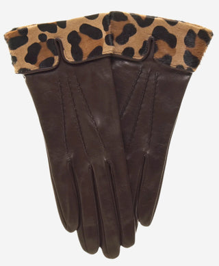 CS4837 (brown) - Women's Italian Silk Lined Lambskin Gloves with Leopard Print Pony Cuff - Glamourous Grace