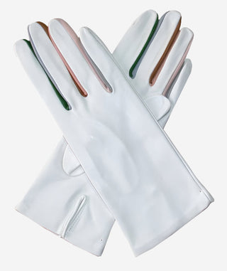 CS4841 (white) - Women's Italian Silk Lined Lambskin Gloves with Colorful Fourchettes - Glamourous Grace