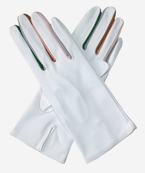 CS4841 (white) - Women's Italian Silk Lined Lambskin Gloves with Colorful Fourchettes - Glamourous Grace
