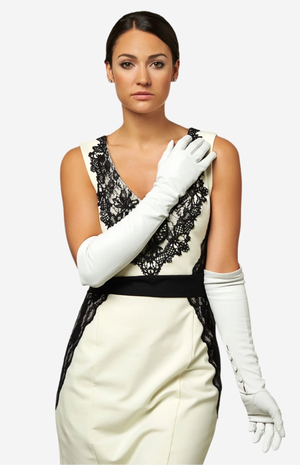 Angelina (ivory) - Italian silk lined 12-button length leather bridal / opera gloves - Glamourous Grace