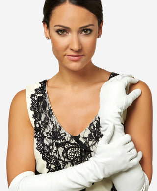 Angelina (ivory) - Italian silk lined 12-button length leather bridal / opera gloves - Glamourous Grace