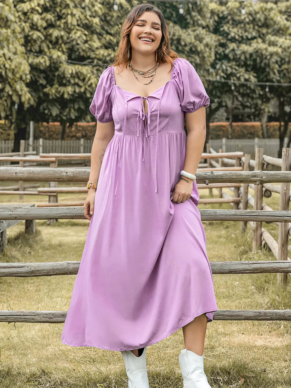 Plus Size Tie Neck Short Sleeve Dress - Glamourous Grace