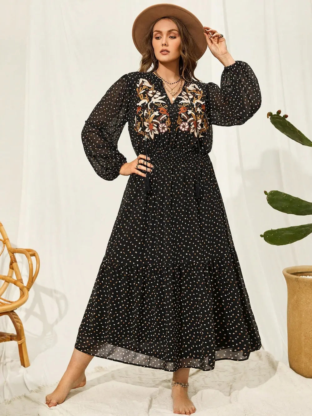 Plus Size Embroidered Tassel Balloon Sleeve Dress - Glamourous Grace