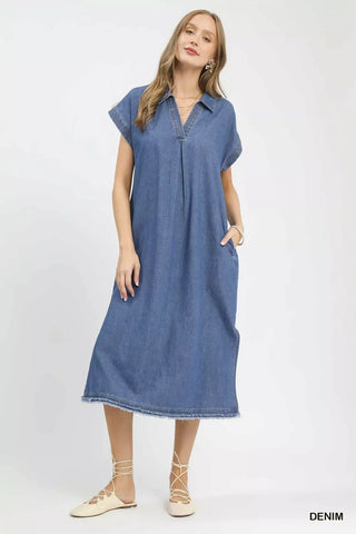 Umgee Stone Washed Collared Denim Midi Dress - Glamourous Grace