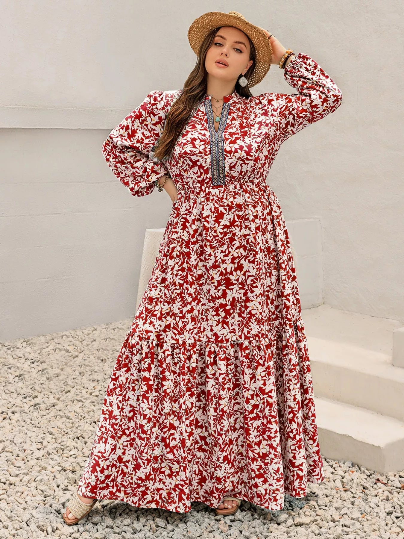 Plus Size Floral Print Long Sleeve Maxi Dress - Glamourous Grace