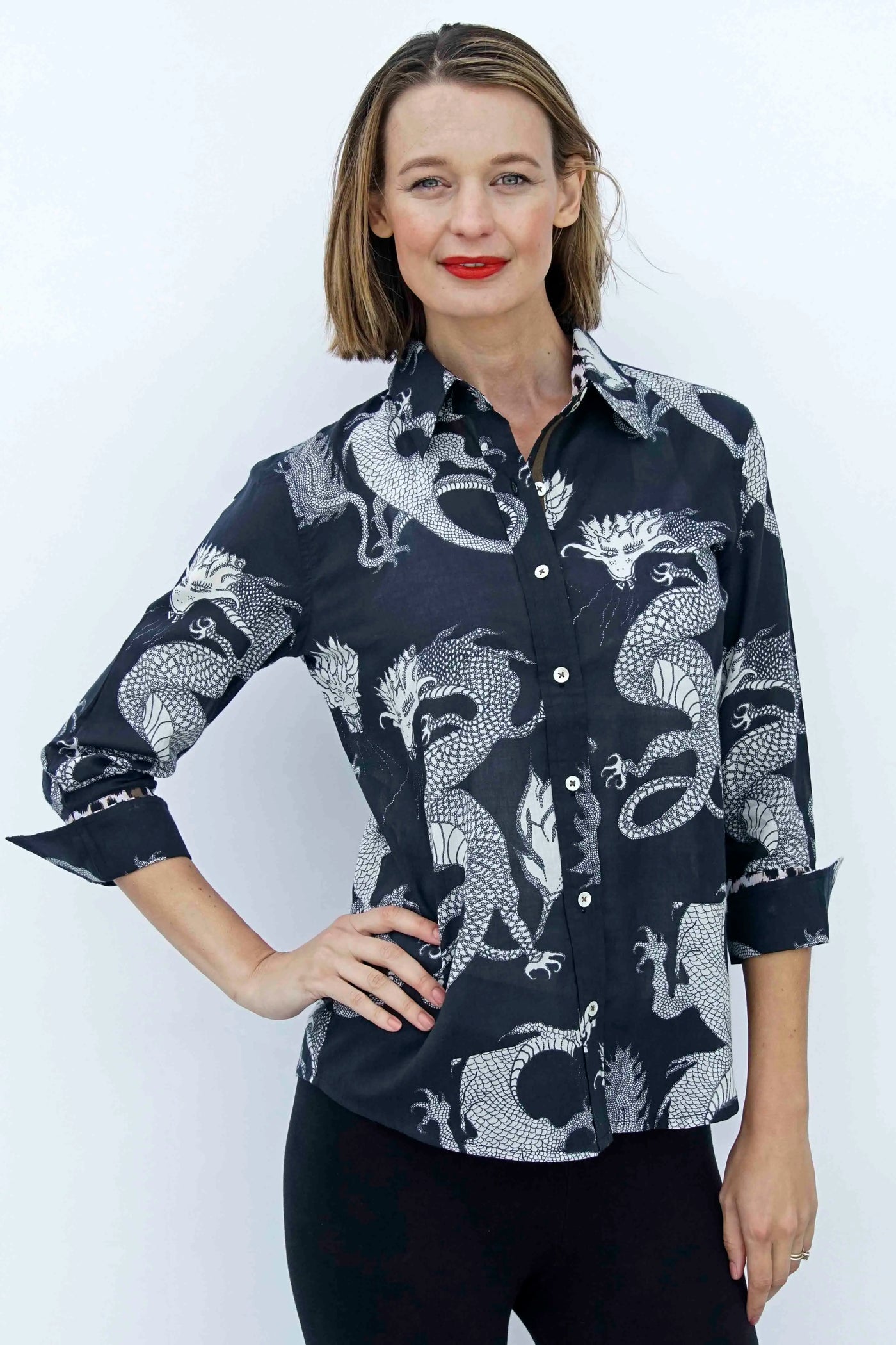 3/4 Sleeve Rome Shirt Black and White Dragons On Voile - Glamourous Grace