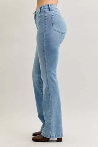 Judy Blue Mid Rise Bootcut Jeans with Contrast Wash Front Patch Pockets