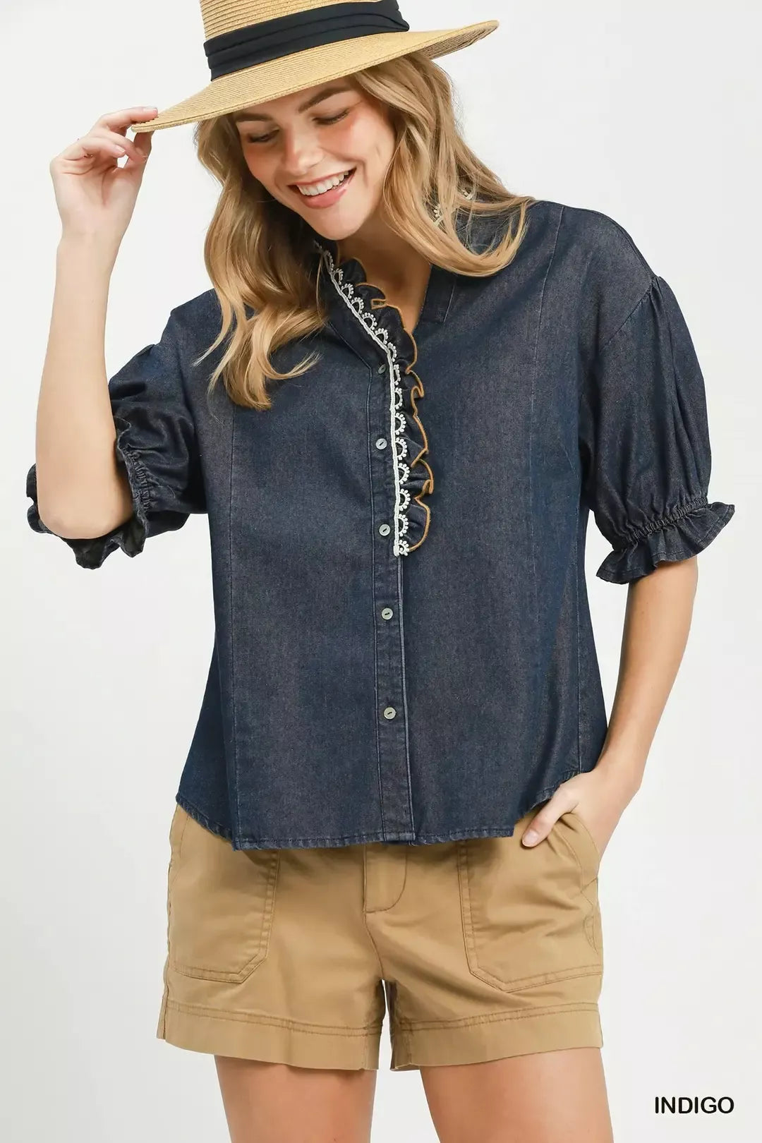 Umgee Chambray Scalloped Trim Button Front Blouse - Glamourous Grace