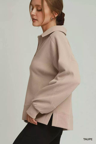 Umgee Brushed Waffle Polo Collared Pullover - Glamourous Grace