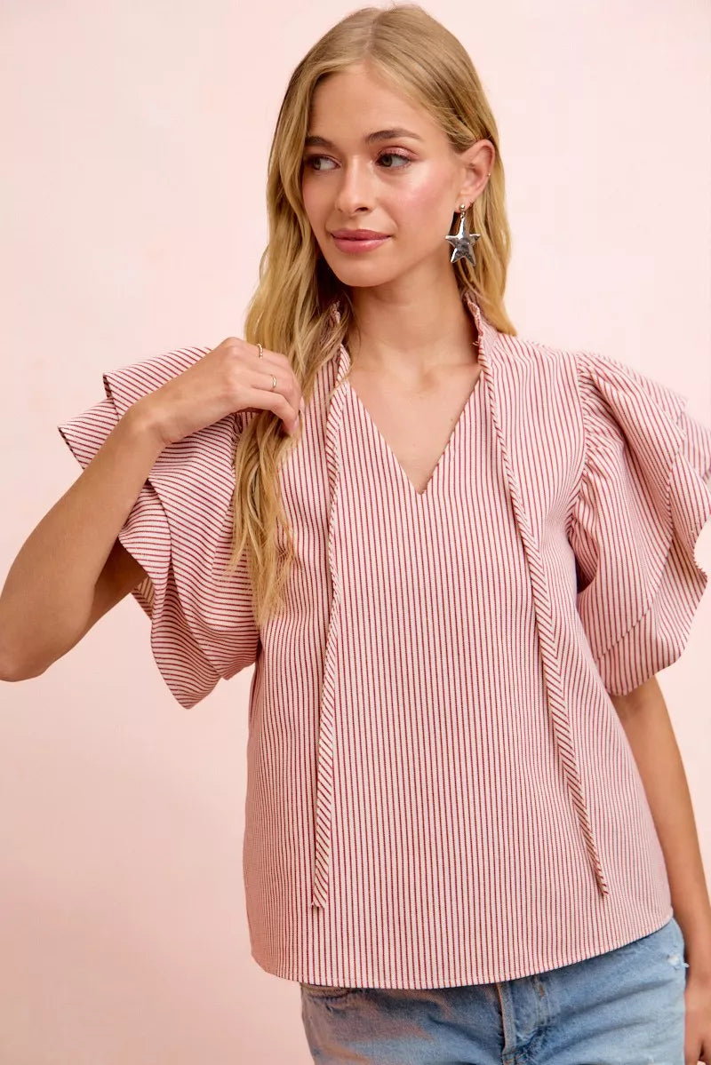 BiBi Twill Striped Ruffle Sleeve Blouse - Glamourous Grace