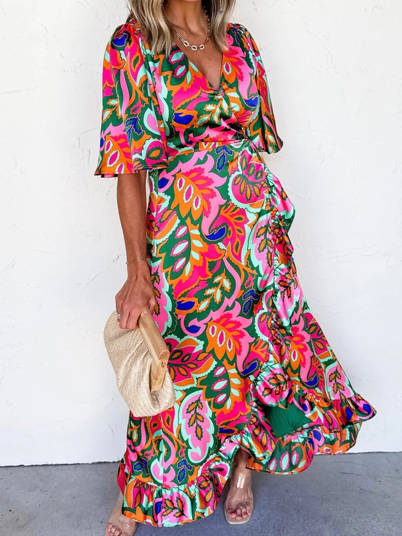 Floral Print Wrap Maxi Dress with Ruffle Details - Glamourous Grace