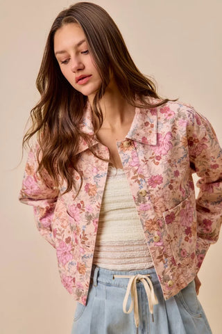 SO ME Floral Print Cotton Twill Button Down Barn Jacket - Glamourous Grace
