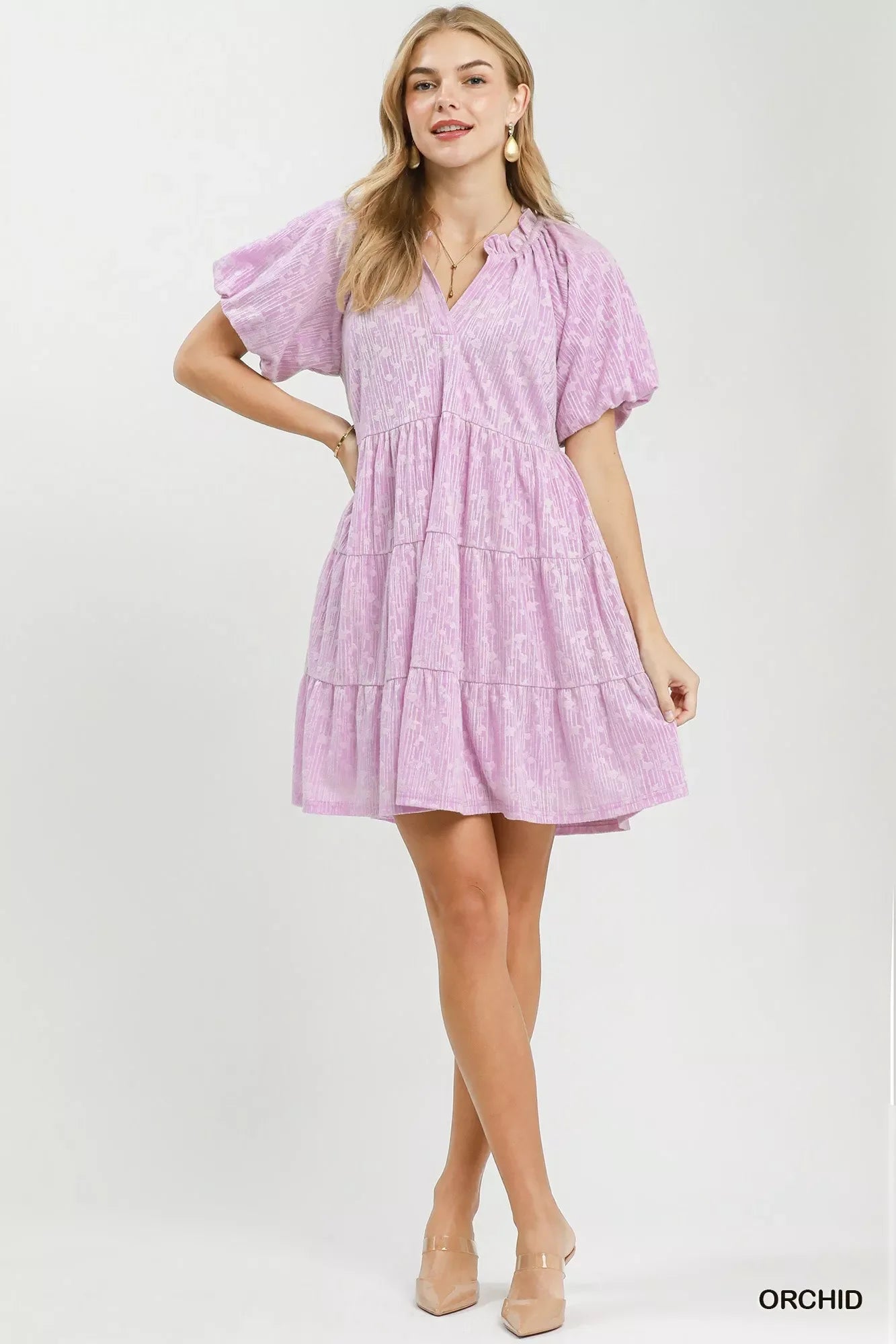 Umgee Jacquard Puff Sleeve Mini Dress - Glamourous Grace