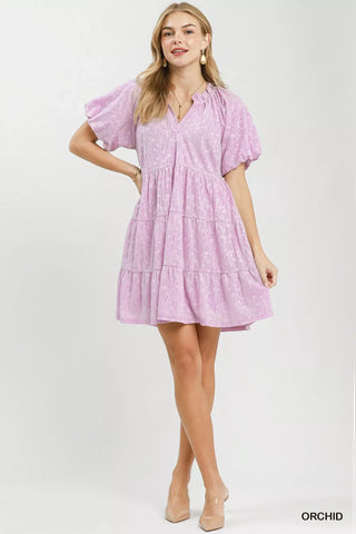 Umgee Jacquard Puff Sleeve Mini Dress - Glamourous Grace