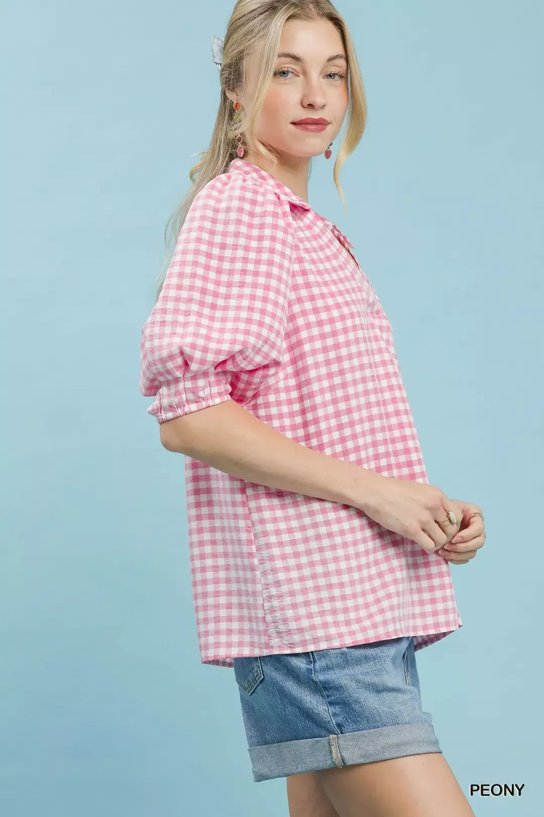 Umgee Gingham Puff Sleeve Collared Blouse in Pink - Glamourous Grace