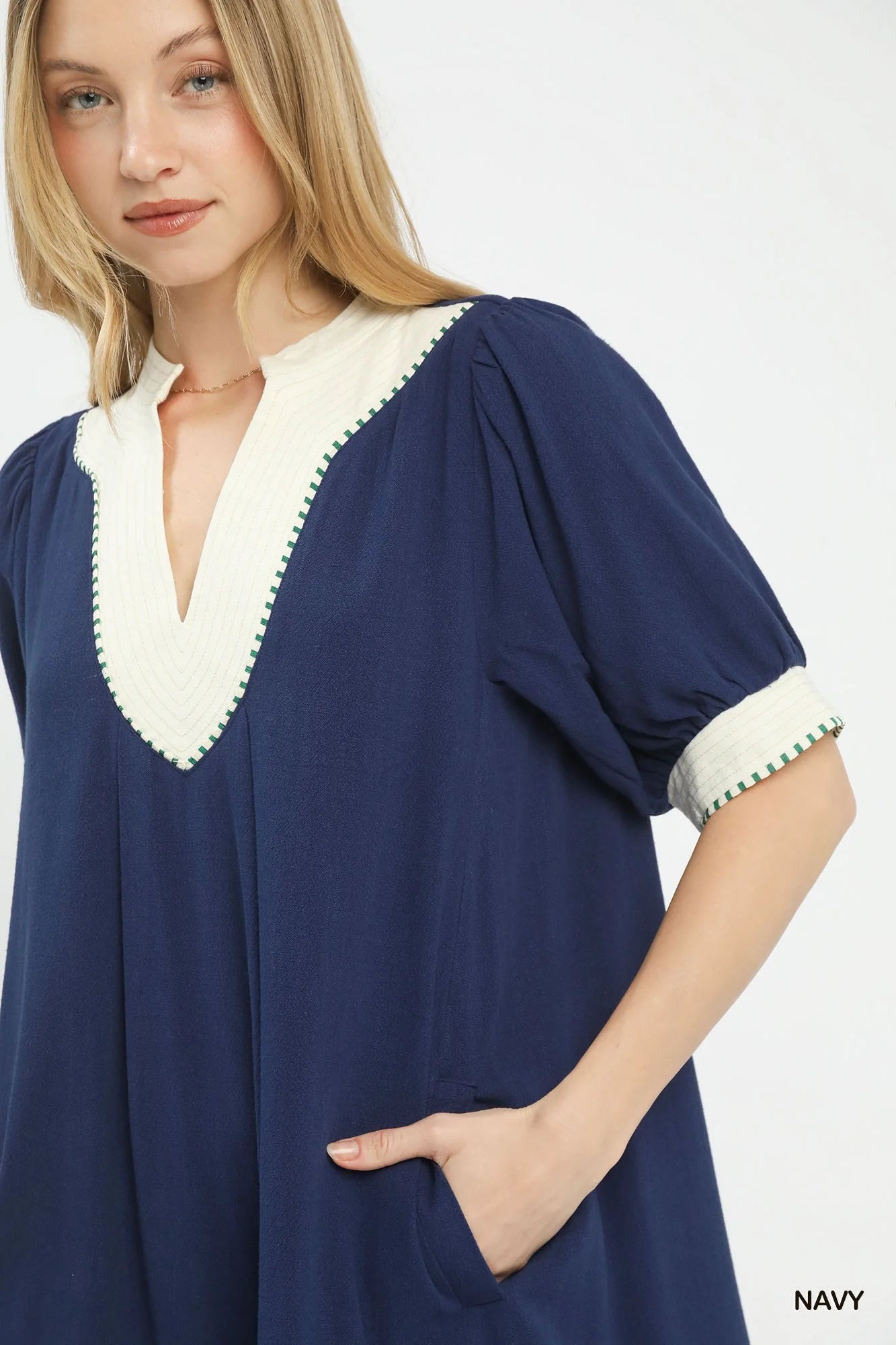 Umgee Linen Contrast Trim Midi Dress in Navy - Glamourous Grace
