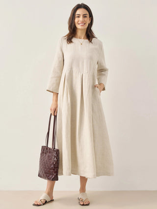 LINTICO 100% linen Bateau neck pleated maxi dress with flowing silhouette and elegant design, perfect for warm weather.