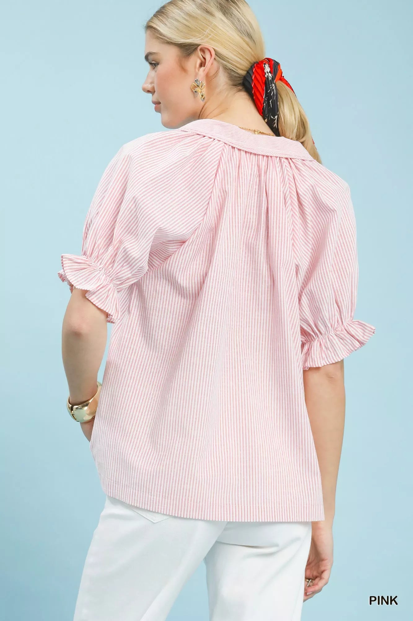Umgee Pinstripe V-Neck Ruffle Sleeve Blouse - Glamourous Grace