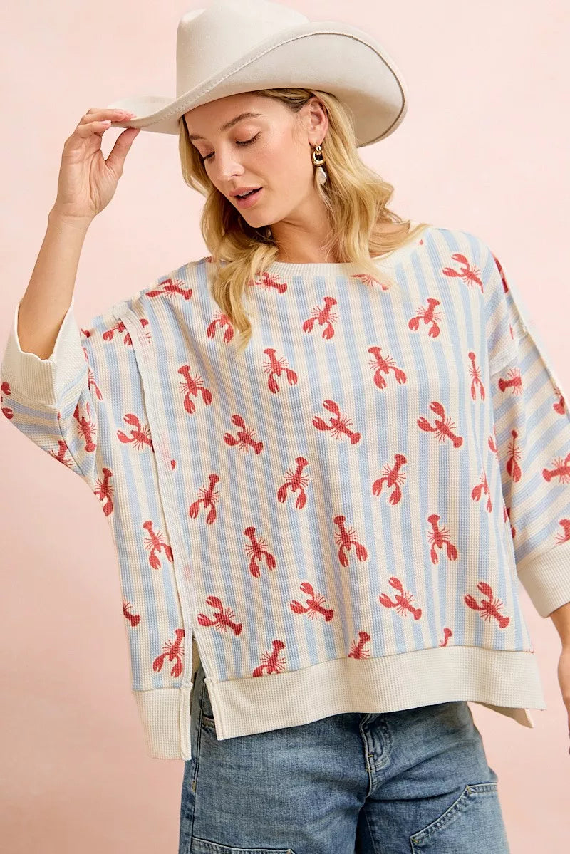 BiBi 4th Of July Lobsters Stripe Waffle Knit Sleeve Top - Glamourous Grace