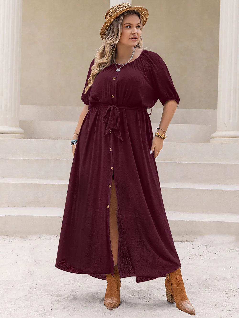 Plus Size Round Neck Half Sleeve Dress - Glamourous Grace