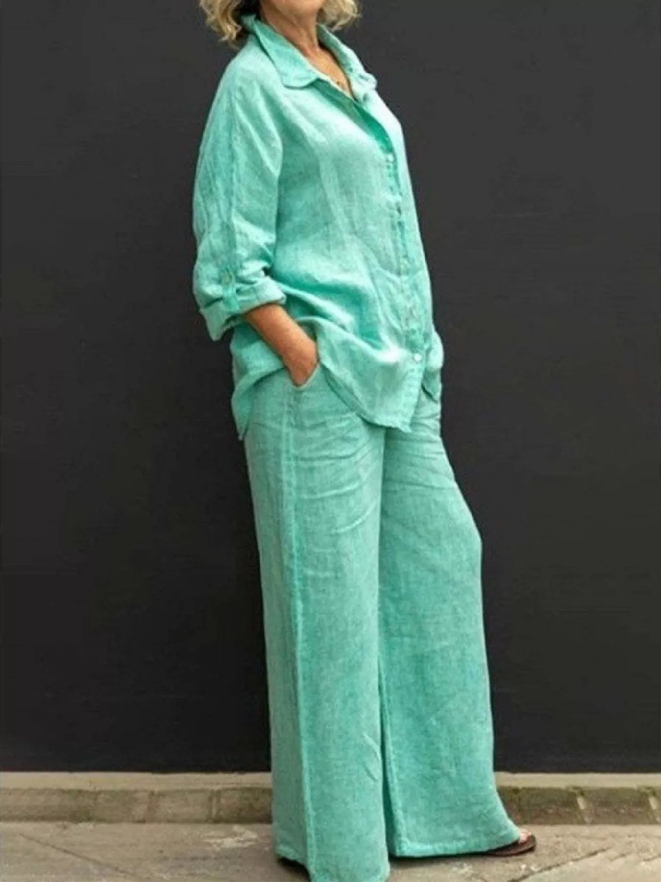 Full Size Long Sleeve Shirt and Pants Set Plus Size - Glamourous Grace