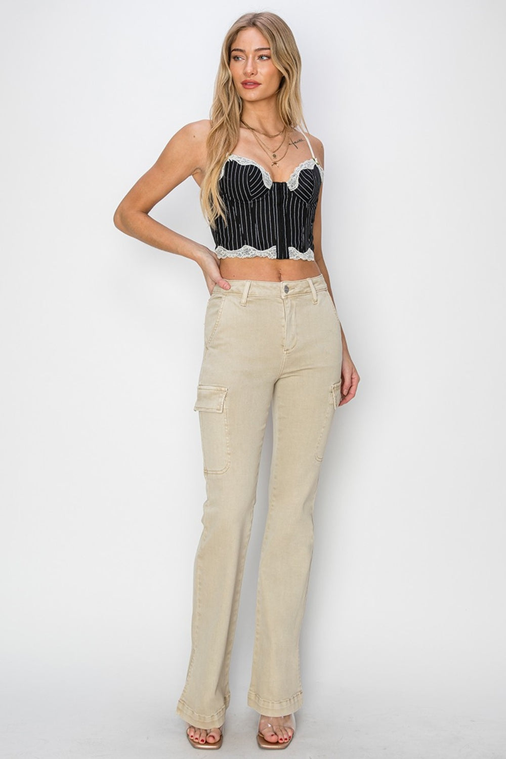RISEN Denim Side Slit Cargo Bootcut Jeans - Glamourous Grace