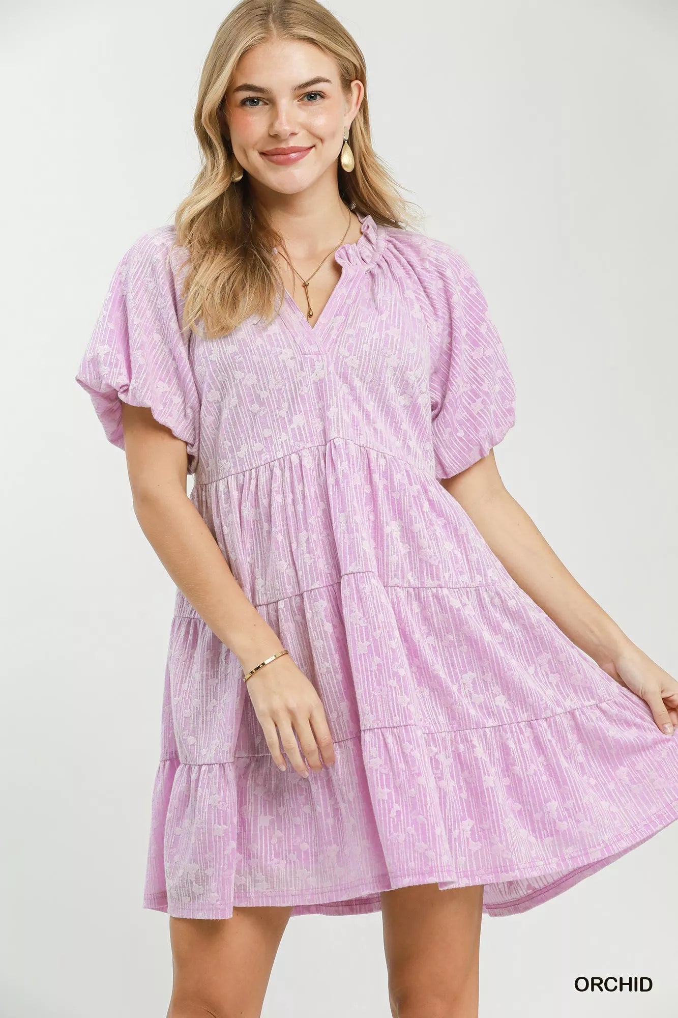 Umgee Jacquard Puff Sleeve Mini Dress - Glamourous Grace